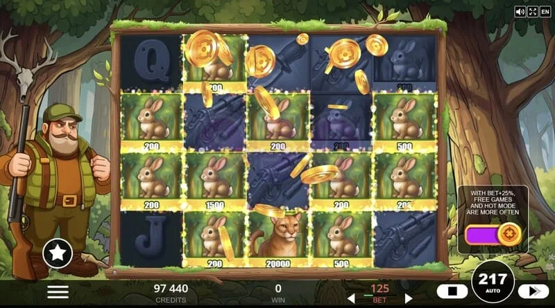 Hunt the Bucks – specialieji Hunter-Wild, Scatter ir Animal Credit žymenys tinklelyje